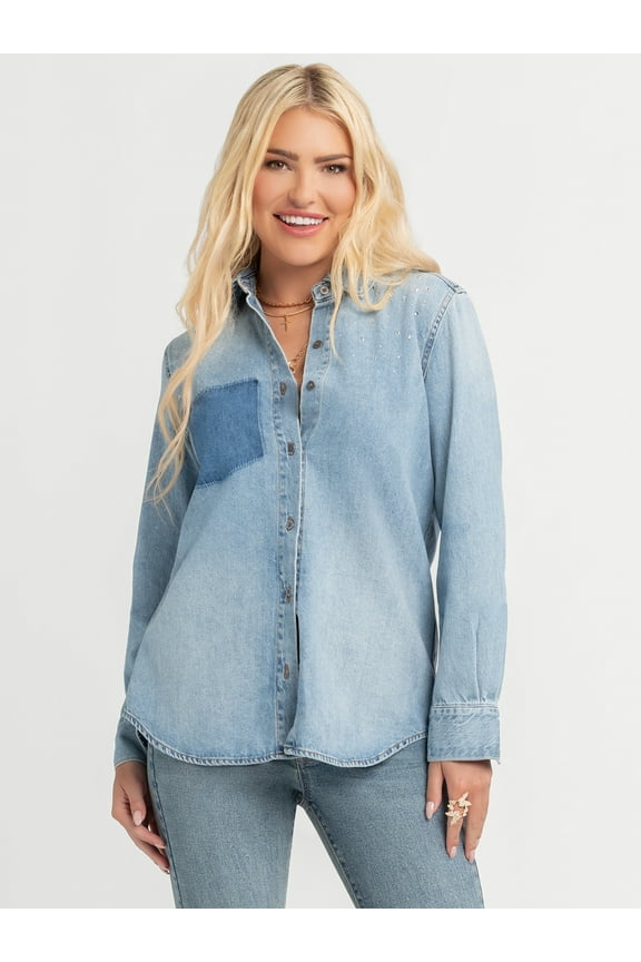 Women's Embellished Two Tone Denim Shirt with Long Sleeves, Sizes XS-XL