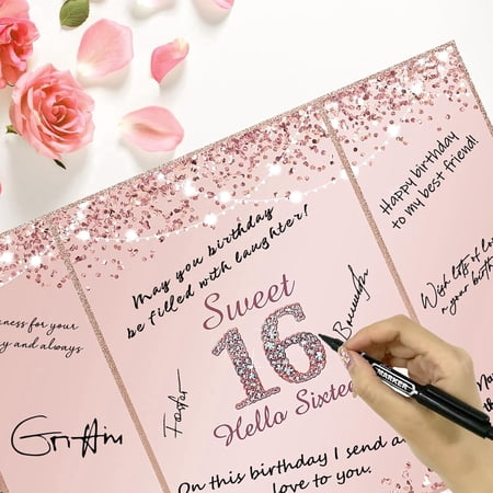 Sweet 16 Birthday Guest Book Alternative, Rose Gold Sweet 16 Birthday Decorations for Girl, 16th Birthday Party Signature Book, 16 Year Old Birthday Gifts for Girls