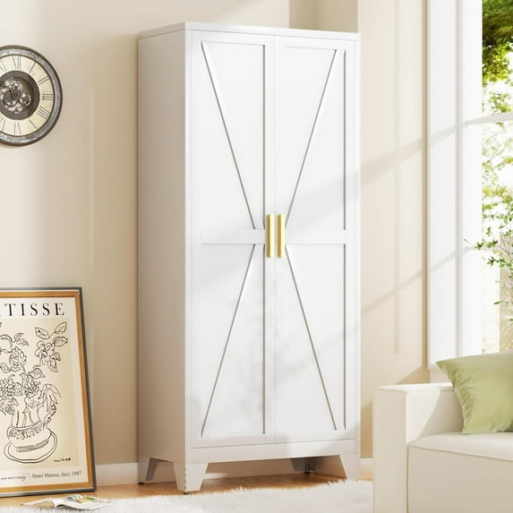 71H Tall Metal Storage Cabinet with 2 Doors and 5 Shelves,Farmhouse Storage Cabinet with Barn Doors,Pantry Storage for Home,Office,Dining Room,Kitchen,Bathroom(White)