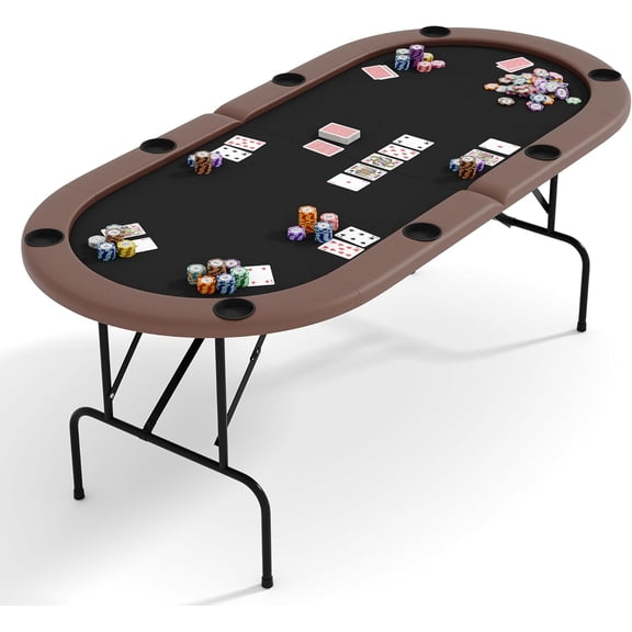 71In Oval 8-Player Poker Table with Foldable Legs and Cup Holders Padded Rails Casino Felt for Home Game Night