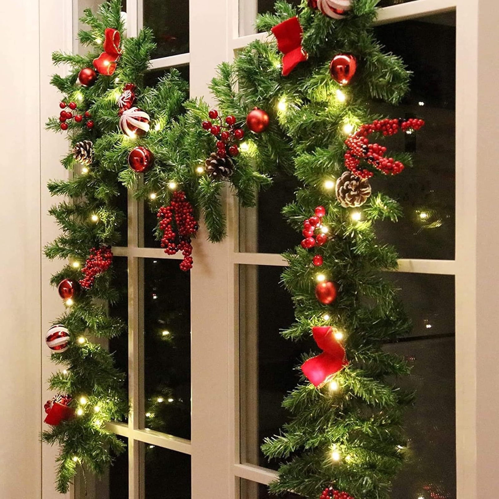 71Inch Christmas Garland Pine Cones String Lights with Red Berry Pine ...