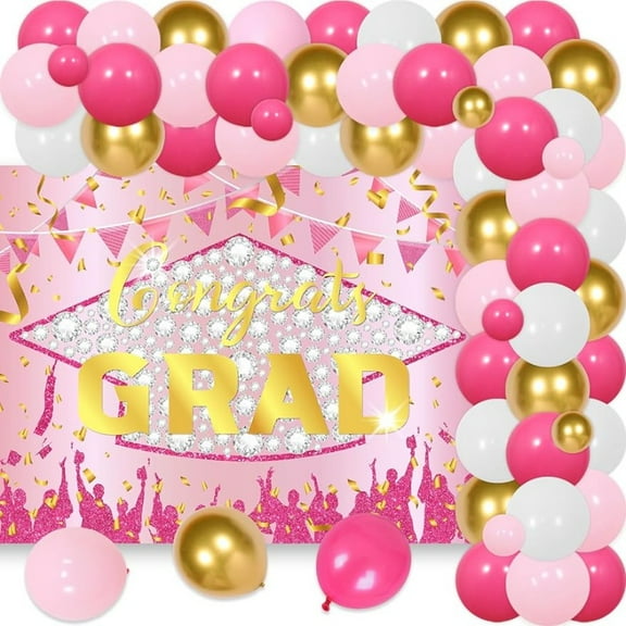 71Pcs Congrats Grad Decorations 2024, Pink and Golden Graduation Decor with Rose Golden Congrats Grad Backdrop Pink and Golden Balloon Garland Arch Kit for Class of 2024 Grad Prom School Grad Party
