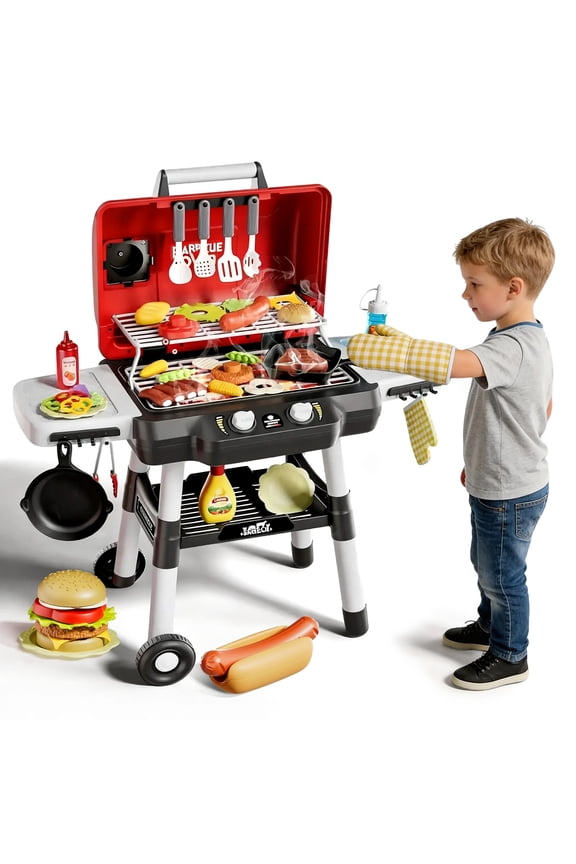Kids Play Kitchen Toys, BBQ Grill Playset with Smoke Sound Light, 2-Layer Barbecue Toy with Wheel, Outdoor Play Grill Toys for Toddlers 3-5