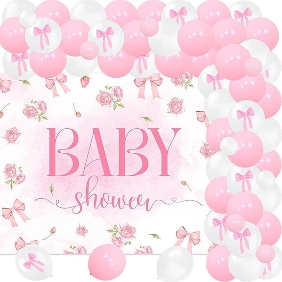 71Pcs Pink Bow Baby Shower Party Decorations Bow Garland Arch Kit Pink Flowers Photography Backdrop Banner Pink Bow Latex Balloon for Baby Girls Party Decorations Baby Shower Party Supplies