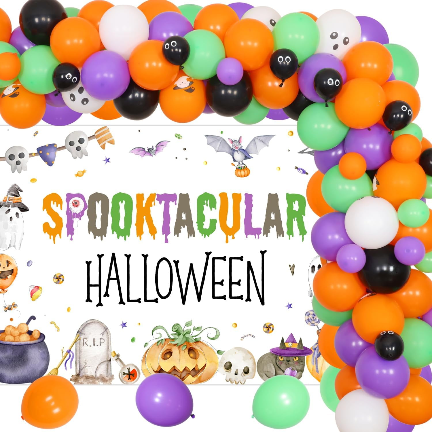 71Pcs Spooktacular Halloween Theme Party Decorations Spooktacular Halloween Pumpkin Bat Cemetery Backdrop Orange Purple Green Balloon Garland Arch Kit for Children Adult Halloween Party Decor Supplies