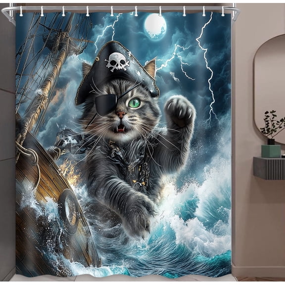 71X71 in Funny Cat Pirate Shower Curtain Whimsical Nautical Moon Ocean Waves Bathroom Decor, Waterproof Polyester Fabric with Hooks for Adults & Kids, Cool Coastal Boat Theme Bath Curtain