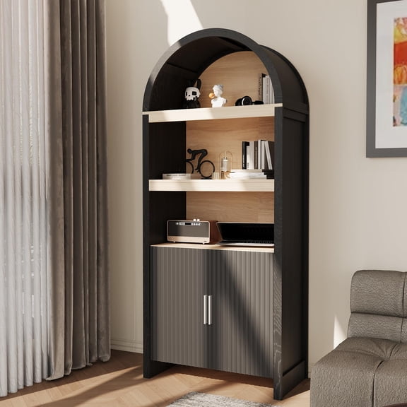 71in Tall Bookcase Arched Cabinet, Modern 5 Tier Bookshelf Mid Century Arched Display Cabinet with Fluted Doors Open Display Shelves for Office Dining Living Room