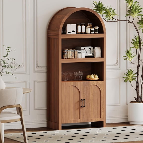 71in Tall Bookcase Arched Cabinet, Modern 5 Tier Bookshelf Mid Century Arched Display Cabinet with Fluted Doors Open Display Shelves for Office Dining Living Room