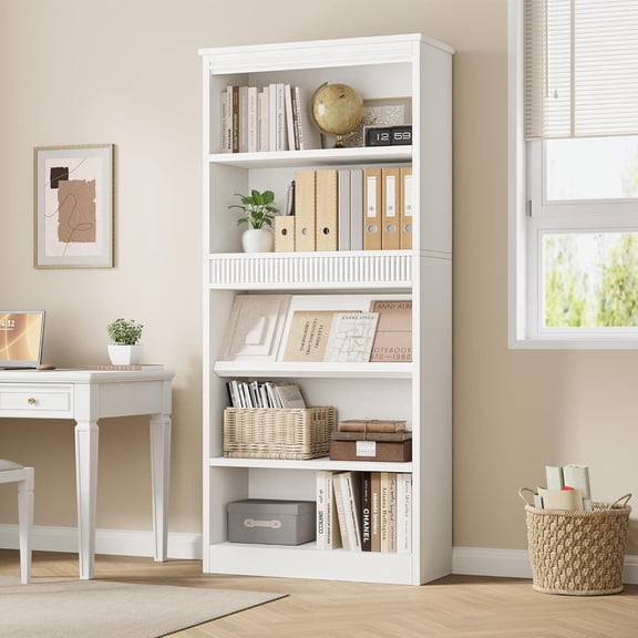 71inch Tall Bookcase w/Display Rack Fluted Design 5 Tier Vintage Bookshelf with Wooden Base, Wood Bookshelf Rustic Vintage Book Shelf for Office Library-White