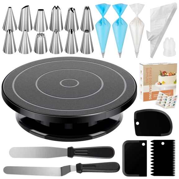 71pcs Cake Decorating Kit Baking Supplies Tools - Includes Stand Turntable 12 Icing Piping Tips Set 2 Frosting Spatulas 3 Scrapers 50+2 Bags Coupler Video Tutorial Booklet