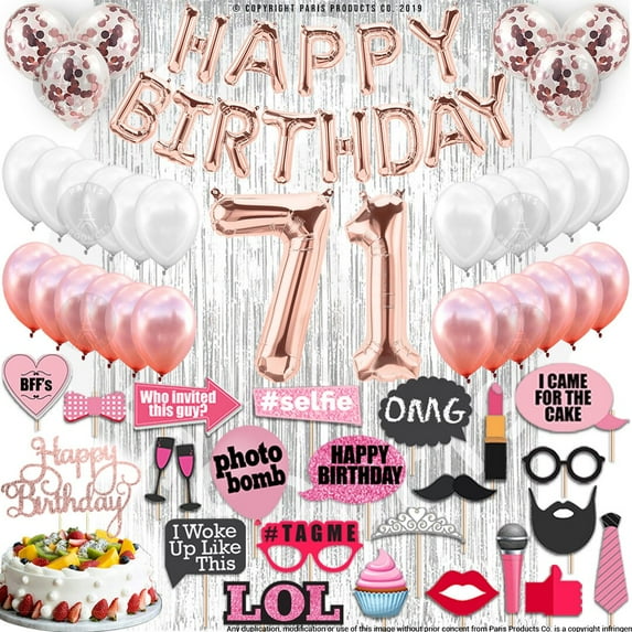 71st Birthday Decoration Rose Gold with Silver Curtain, 71 Party Supplies, 71st Sash, 71 Cake Topper, 71st Photo Props, Cconfetti Balloons
