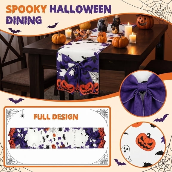 71x13 Inches Halloween Table Runner Decoration - Linen Pumpkin and Spider Web Pattern Table Runner for Halloween, Holiday Home Kitchen Mantel Dining Table Decor, Spooky Party Supplies (E)