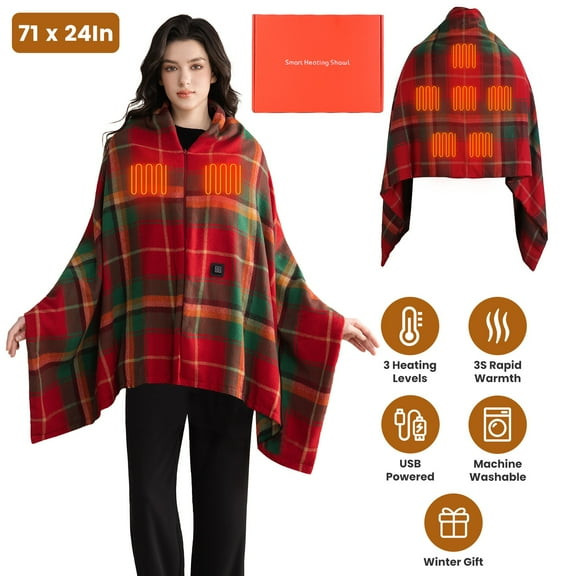 71x24" USB Heated Shawl Blanket, Wearable Electric Throw Wrap with Zipper, 3 Heat Settings, Machine Washable for Women Men (Without Battery)