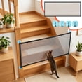 thumbnail image 1 of 71x28 Inch No-Drill Portable Pet Gate for Dogs and Cats, Adjustable Mesh Safety Fence for Stairs and Doorways with 4 Blue Strong Adhesive Hooks, Black, 1 of 7