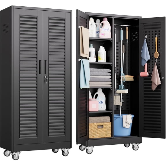 71x31.5x15.75 Inch Lockable Metal Broom Closet Cabinet with Wheels, Louvered Doors, Hooks, Hanging Rod, and Pegboard, for Garage and Laundry Room
