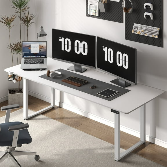 71x32 Inch Rectangular Standing Desk, Features a Sturdy 4-leg Design, Dual-Motor Lift System, and Memory Settings. Height adjustable from 28 to 46 Inches for Home Offices and Computer Work, White