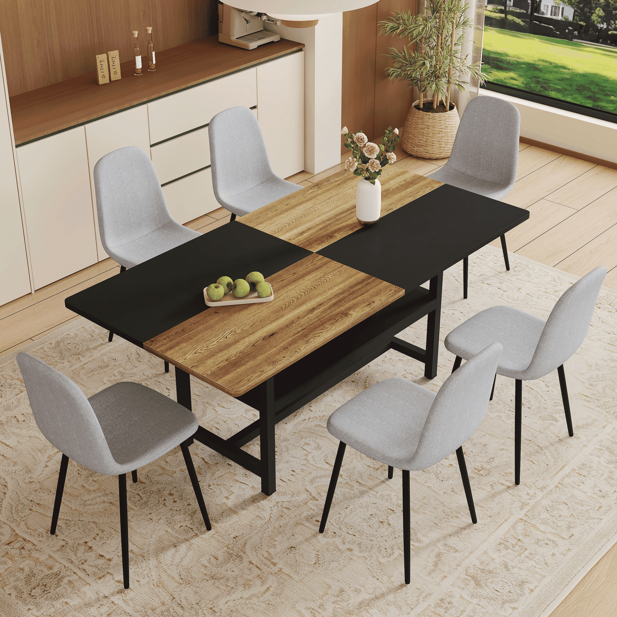 NYEESS 7-Piece 71 inch Wood Dining Table Set with Storage Shelf and 6 ...