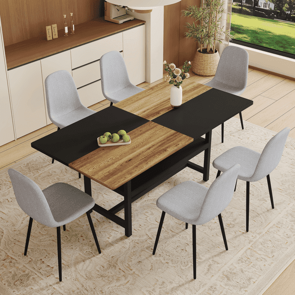 NYEESS 7-Piece 71 inch Wood Dining Table Set with Storage Shelf and 6 Light Gray Linen Chairs, Modern Dining Room Furniture