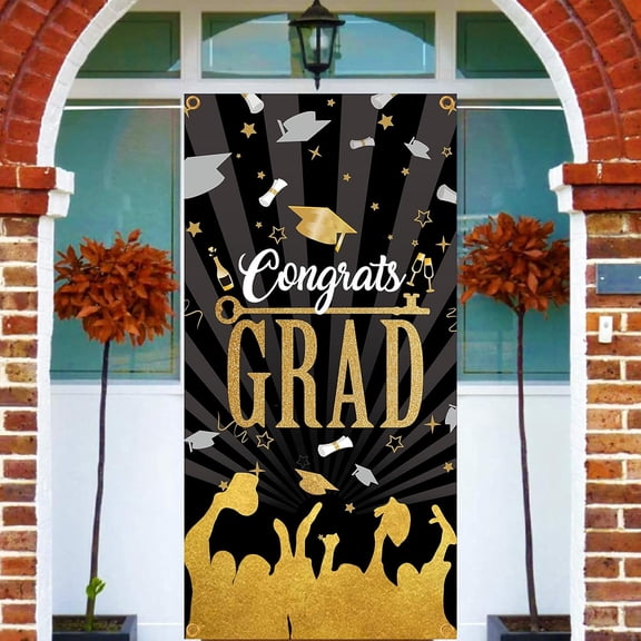 71x35 inch Graduation Banners with Hanging Rope Black & Gold Congrats Grad Words Party Supplies Rectangle Polyester Hanging Sign with Bachelor Cap Pattern for Outdoor & Indoor Decor Black