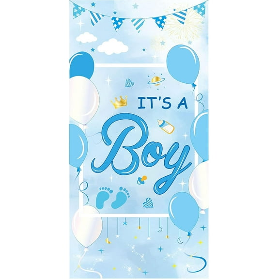 71x35 inch Sky Blue It's A Boy Banner with Hanging Rope Baby Shower Party Supplies Rectangle Polyester Hanging Sign with Bottles Footprints Pattern for Outdoor & Indoor Decor