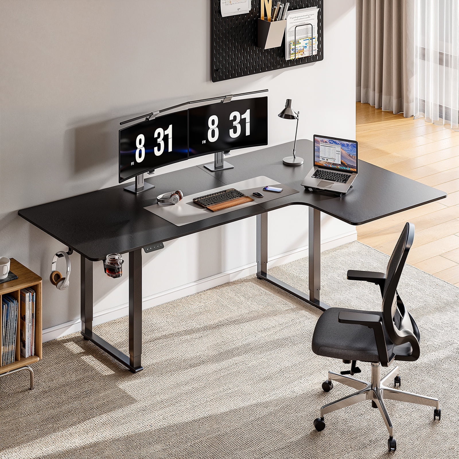 71x43 Inches L Shaped Standing Desk,  Electric L Stand Up Desk with 4 Legs, Adjustable Height from 28-46 Inches for Home and Office, Black