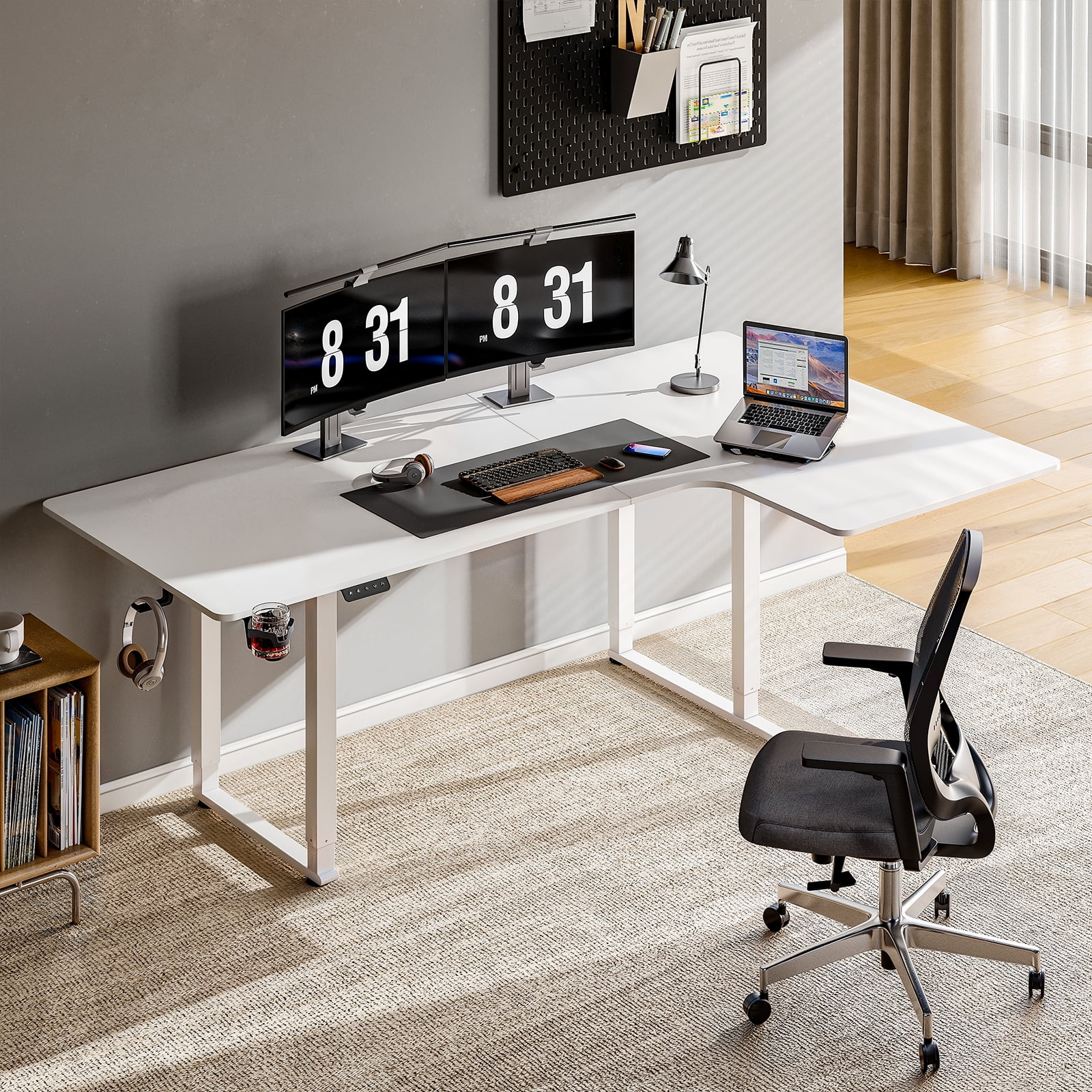 71x43 Inches L Shaped Standing Desk,  Electric L Stand Up Desk with 4 Legs, Adjustable Height from 28-46 Inches for Home and Office, White