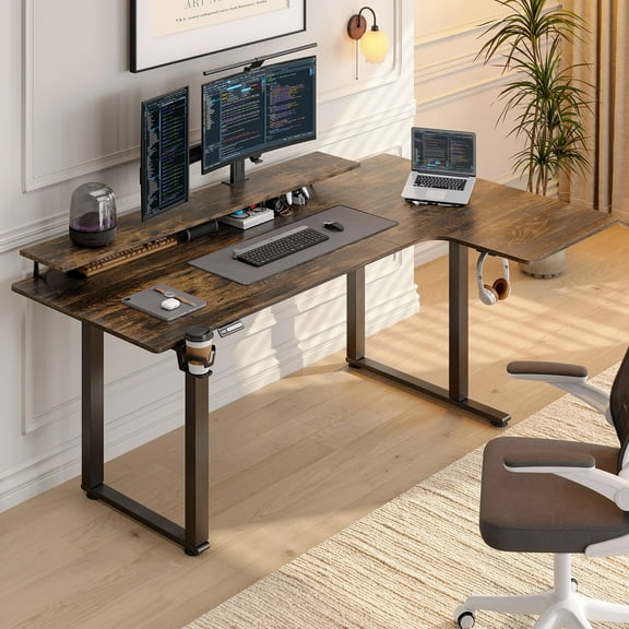 71x43 Inches L Shaped Standing Desk, Electric Stand Up Desk with 2 Adjustable Monitor Shelves and Adjustable Height from 28-46 Inches for Home and Office, Rustic Brown