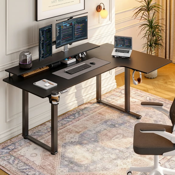 71x43 Inches L Shaped Standing Desk, Electric Stand Up Desk with 2 Adjustable Monitor Shelves, Black