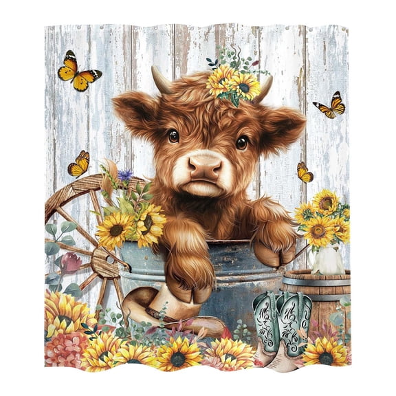 71x71 Inch Farmhouse Highland Cow Floral Shower Curtain Waterproof Polyester Bath Curtain Machine Washable Bathroom Decor