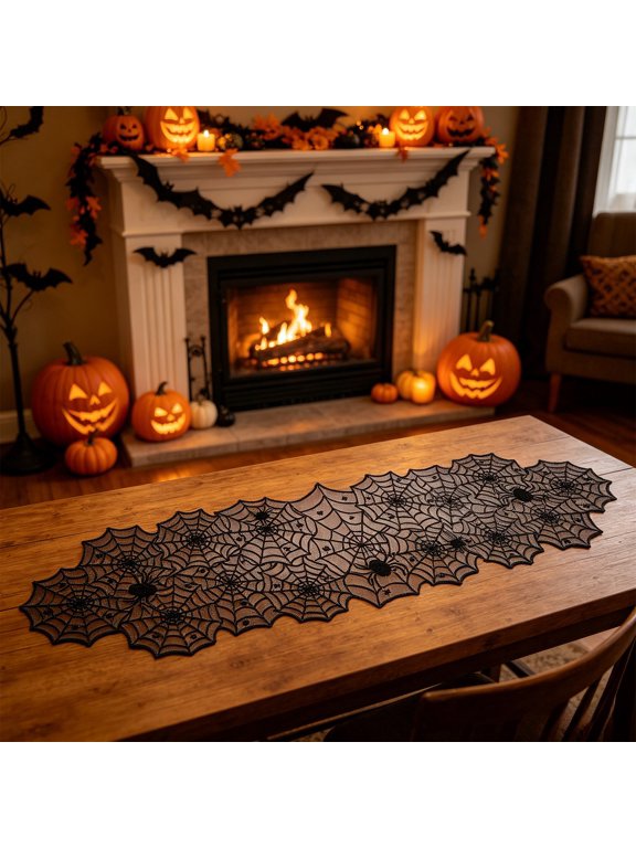 72.05×13.78in Halloween Spider Web Table Runner, Colorfast and Washable Polyester, Stylish Print for Table, Entryway and Multi-holiday Repeated Decor
