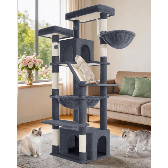72" Large Cat Tree, Indoor Corner Cat Tower with 6 Scratching Posts, Platforms, Houses, Hanging Basket, Dark Gray