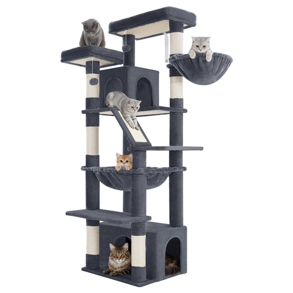 72" Large Cat Tree, Indoor Corner Cat Tower with 6 Scratching Posts, Platforms, Houses, Hanging Basket, Dark Gray