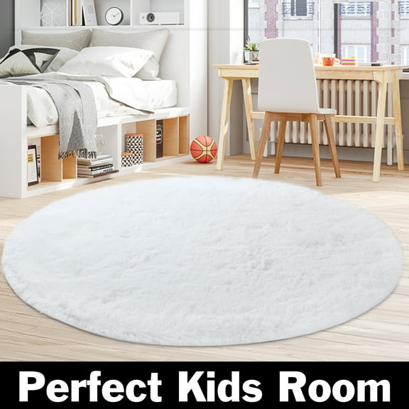 72.05x72.05 inches Round Shag Rug, Circle Rug Fluffy Rug Washable Non Slip Fuzzy Carpet for Girls Bedroom Bathroom Living Room, White