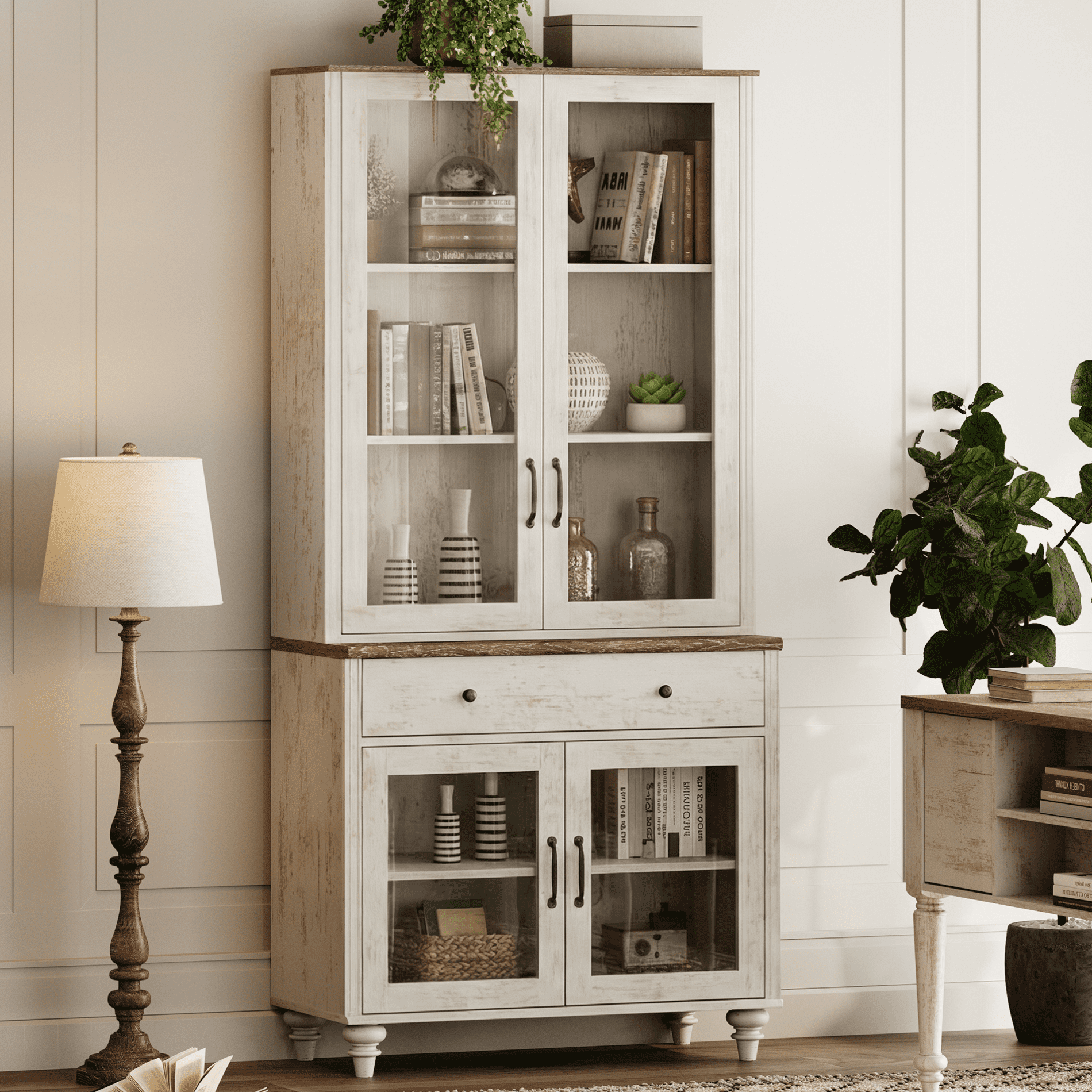72.1"H × 33.9"W Farmhouse Wooden Bookcase with Glass Doors and Drawer, Large Storage Bookshelf for Living Room, Bedroom, Home Office & Kitchen, Rustic white