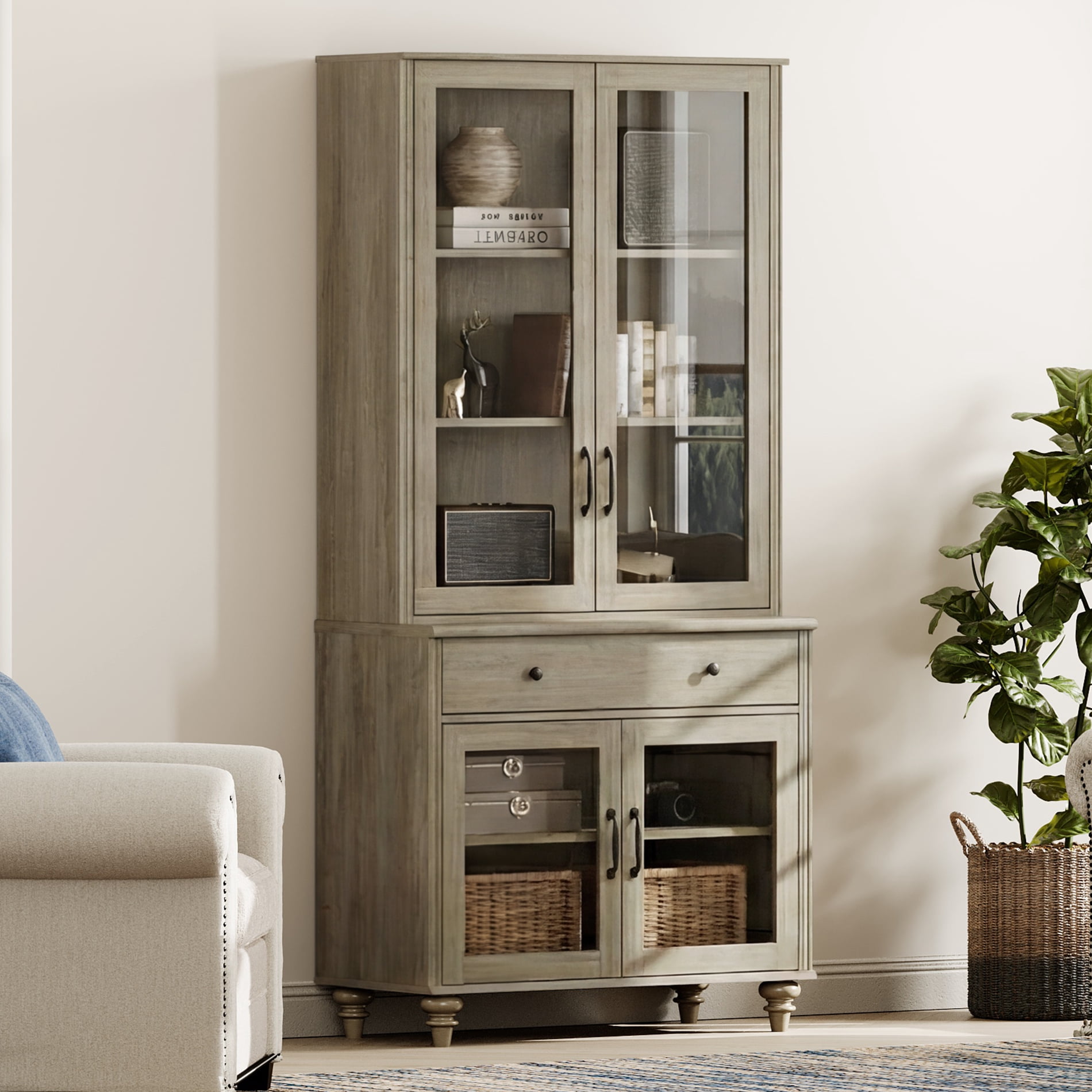72.1"H × 33.9"W Farmhouse Wooden Bookcase with Glass Doors and Drawer, Large Storage Bookshelf for Living Room, Bedroom, Home Office & Kitchen, Wash Gray