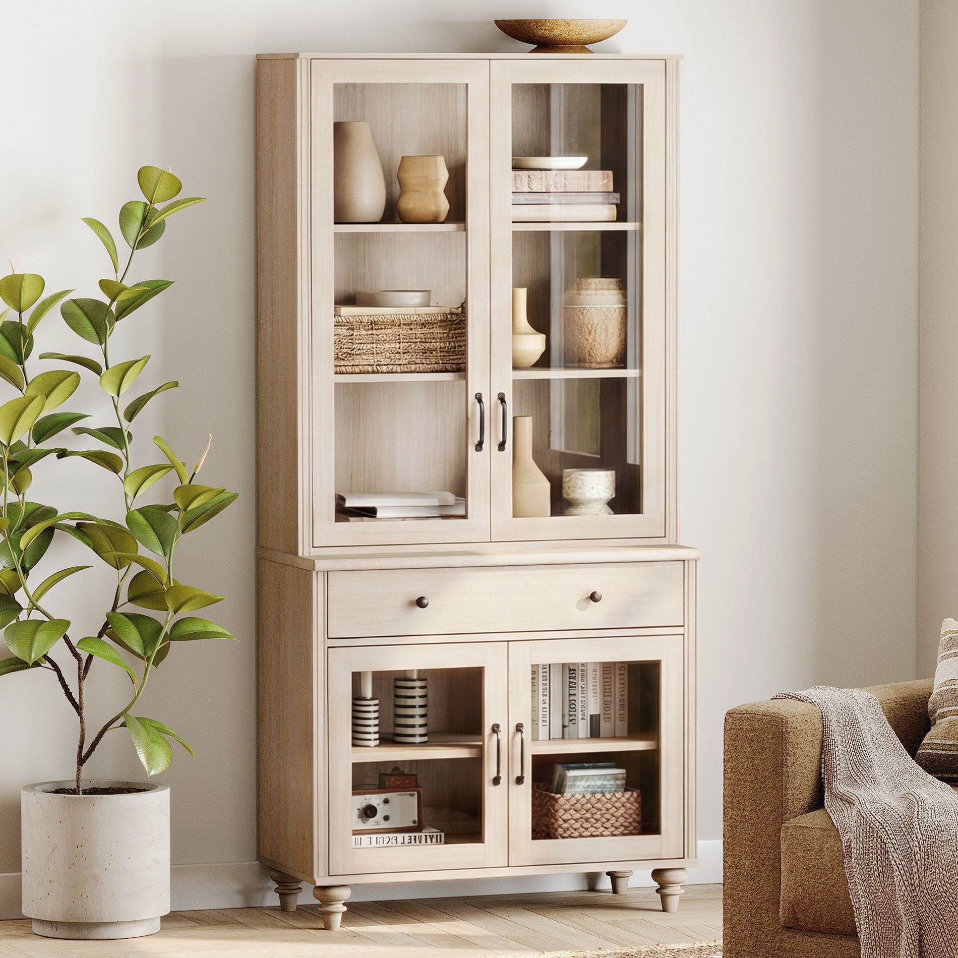 72.1"H × 33.9"W Farmhouse Wooden Bookcase with Glass Doors and Drawer, Large Storage Bookshelf for Living Room, Bedroom, Home Office & Kitchen, Beige