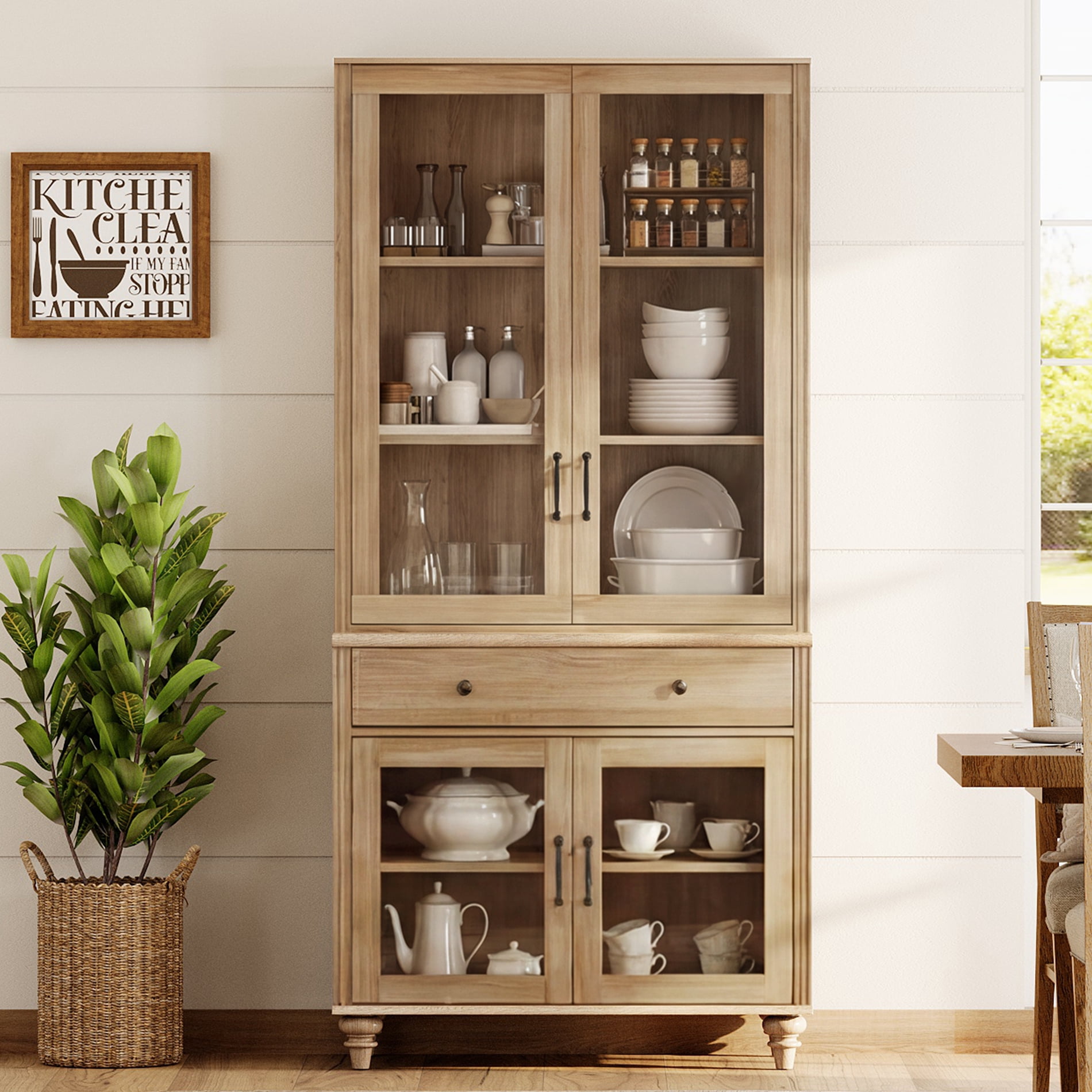 72.1"H × 33.9"W Farmhouse Wooden Bookcase with Glass Doors and Drawer, Large Storage Bookshelf for Living Room, Bedroom, Home Office & Kitchen, Oak