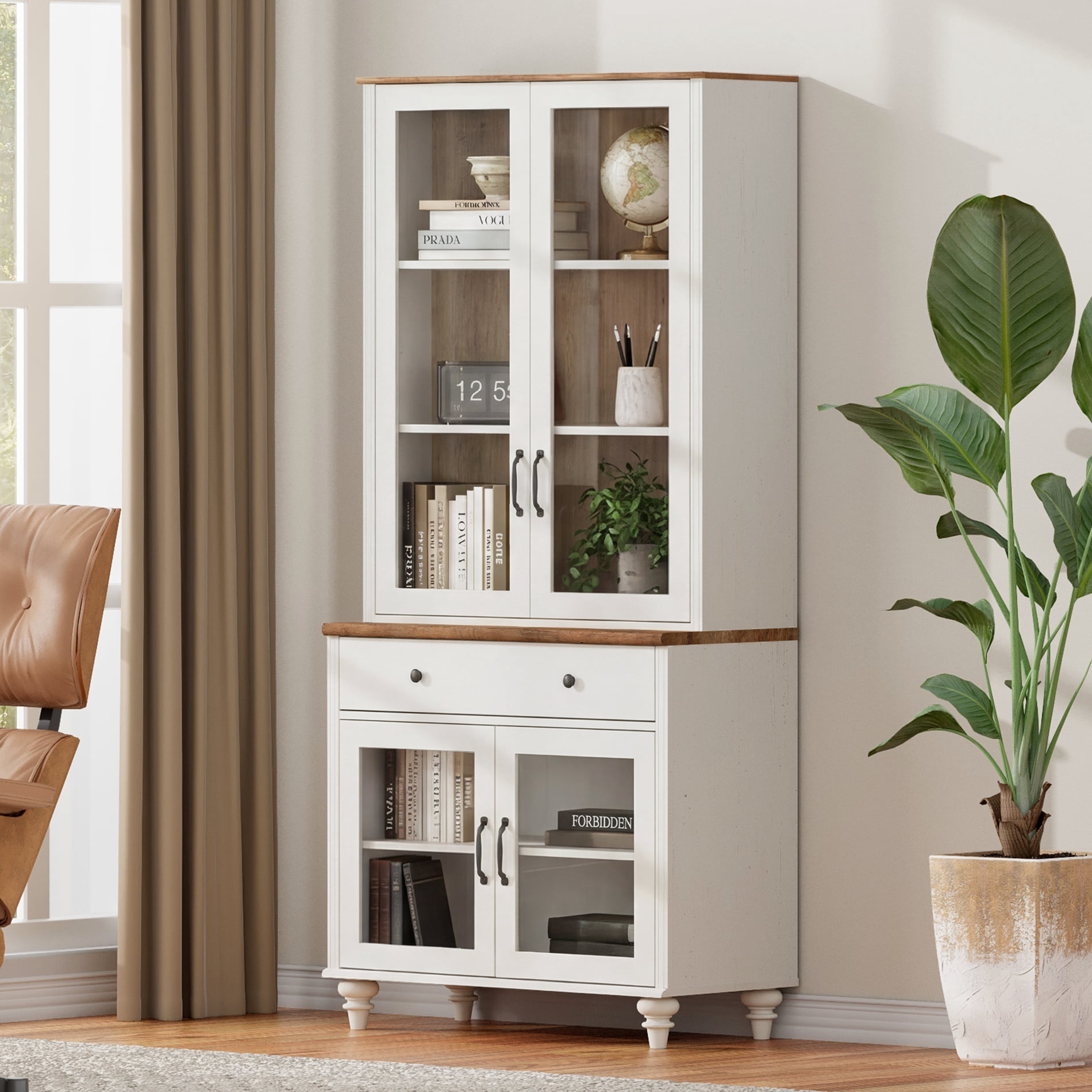 72.1"H × 33.9"W Farmhouse Wooden Bookcase with Glass Doors and Drawer, Large Storage Bookshelf for Living Room, Bedroom, Home Office & Kitchen, White