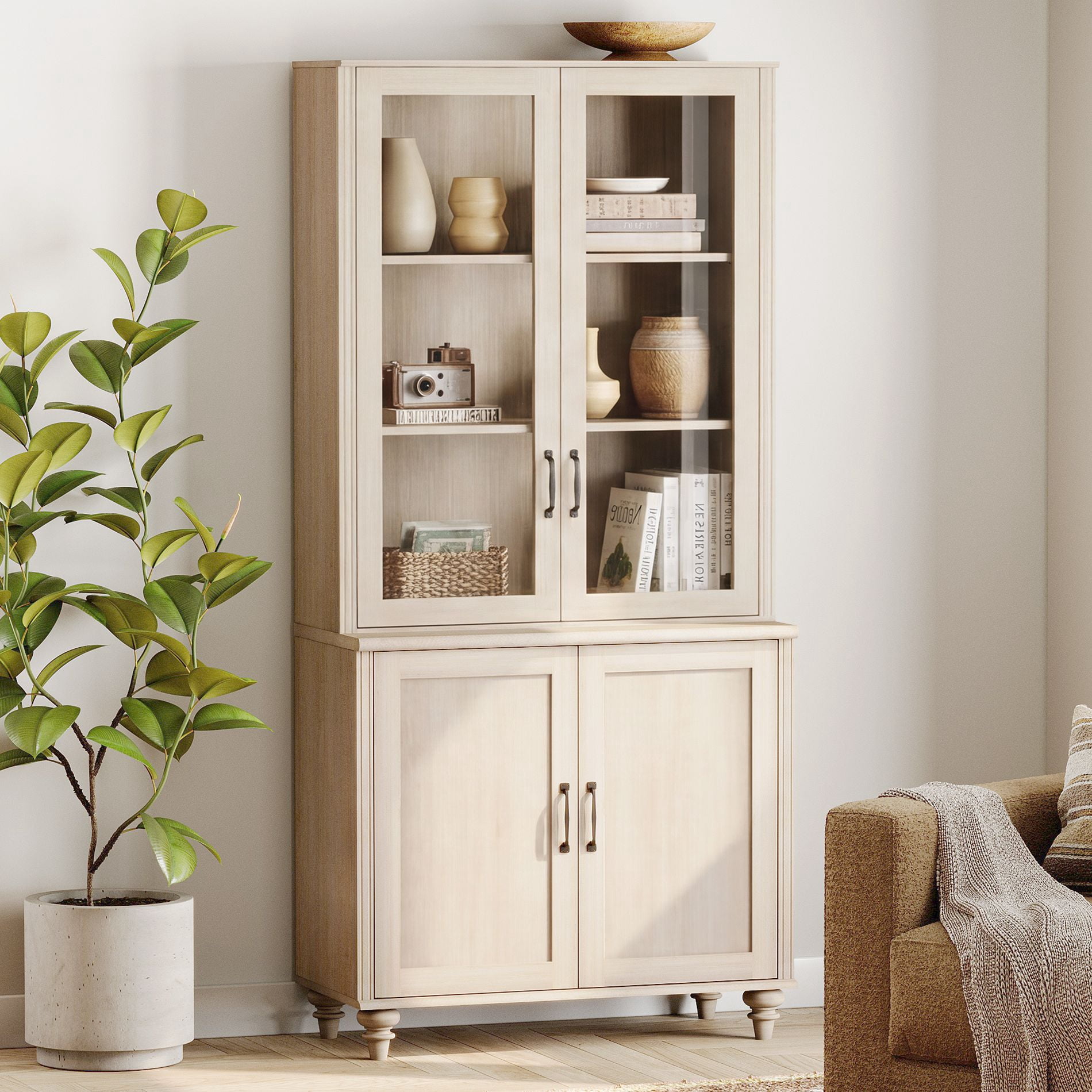 72.1"H × 33.9"W Large Farmhouse Wooden Bookcase with Glass Doors & Shelves, Storage Cabinet Bookcase for Living Room, Bedroom, Home Office & Kitchen, Beige