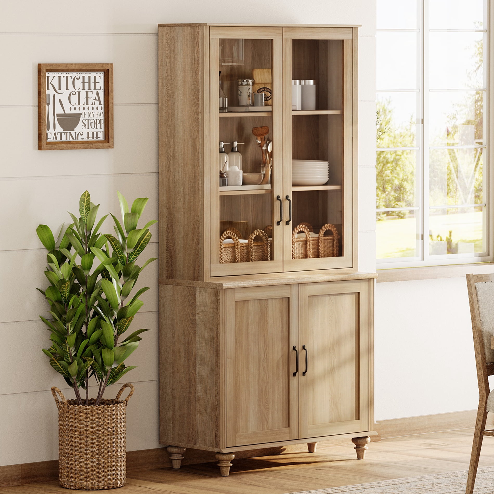 72.1"H × 33.9"W Large Farmhouse Wooden Bookcase with Glass Doors & Shelves, Storage Cabinet Bookcase for Living Room, Bedroom, Home Office & Kitchen, Oak