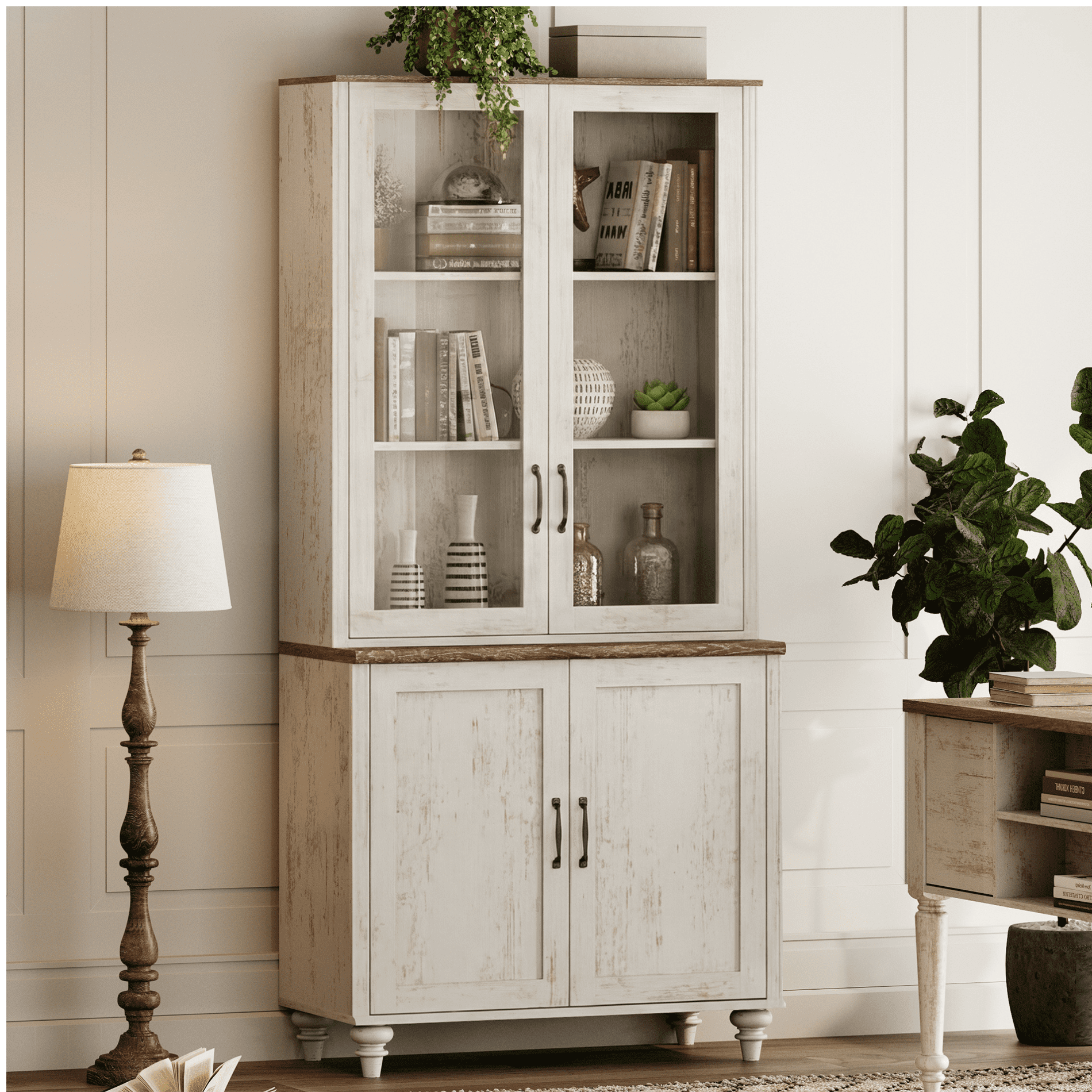 72.1"H × 33.9"W Large Farmhouse Wooden Bookcase with Glass Doors & Shelves, Storage Cabinet Bookcase for Living Room, Bedroom, Home Office & Kitchen, Rustic white