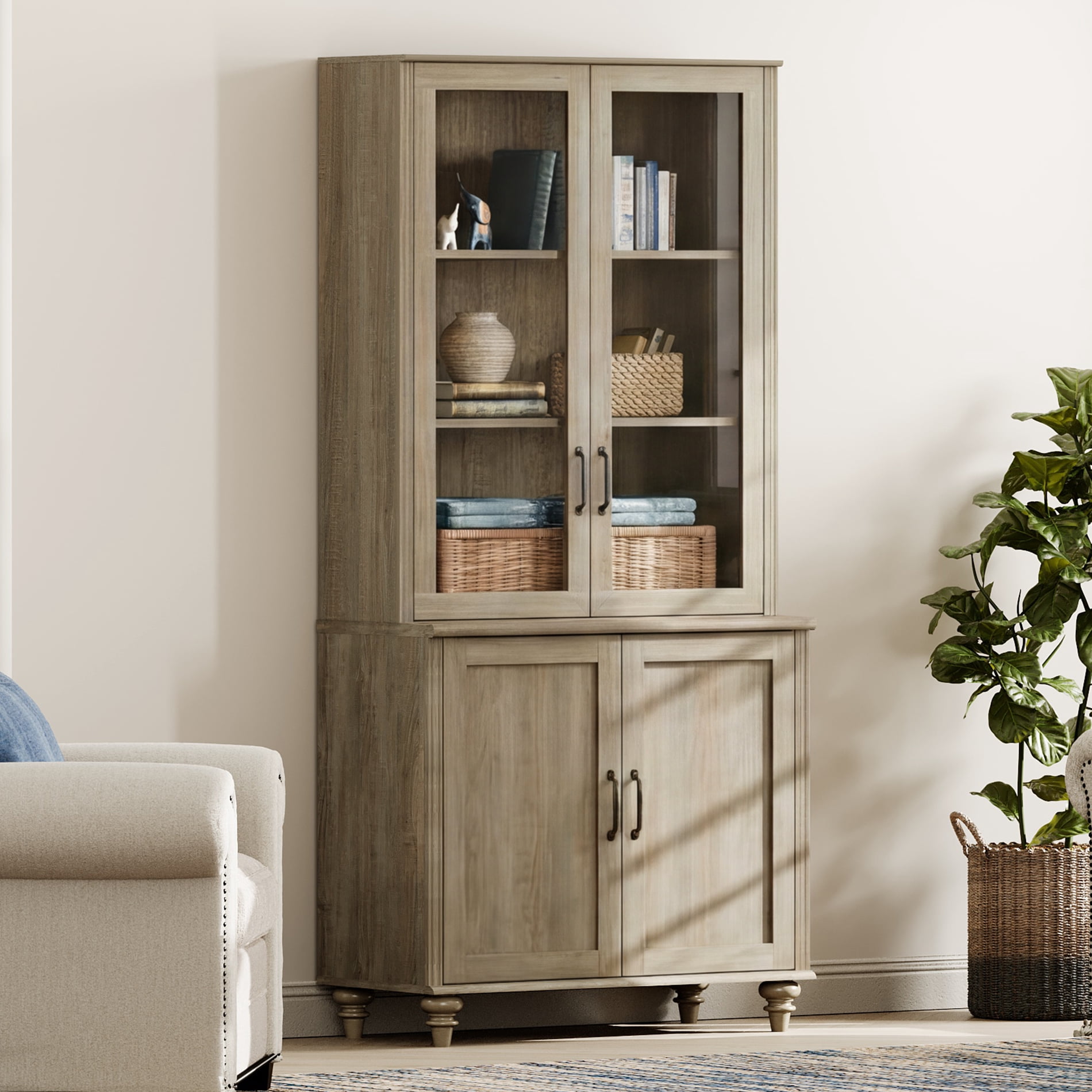 72.1"H × 33.9"W Large Farmhouse Wooden Bookcase with Glass Doors & Shelves, Storage Cabinet Bookcase for Living Room, Bedroom, Home Office & Kitchen, Wash Gray