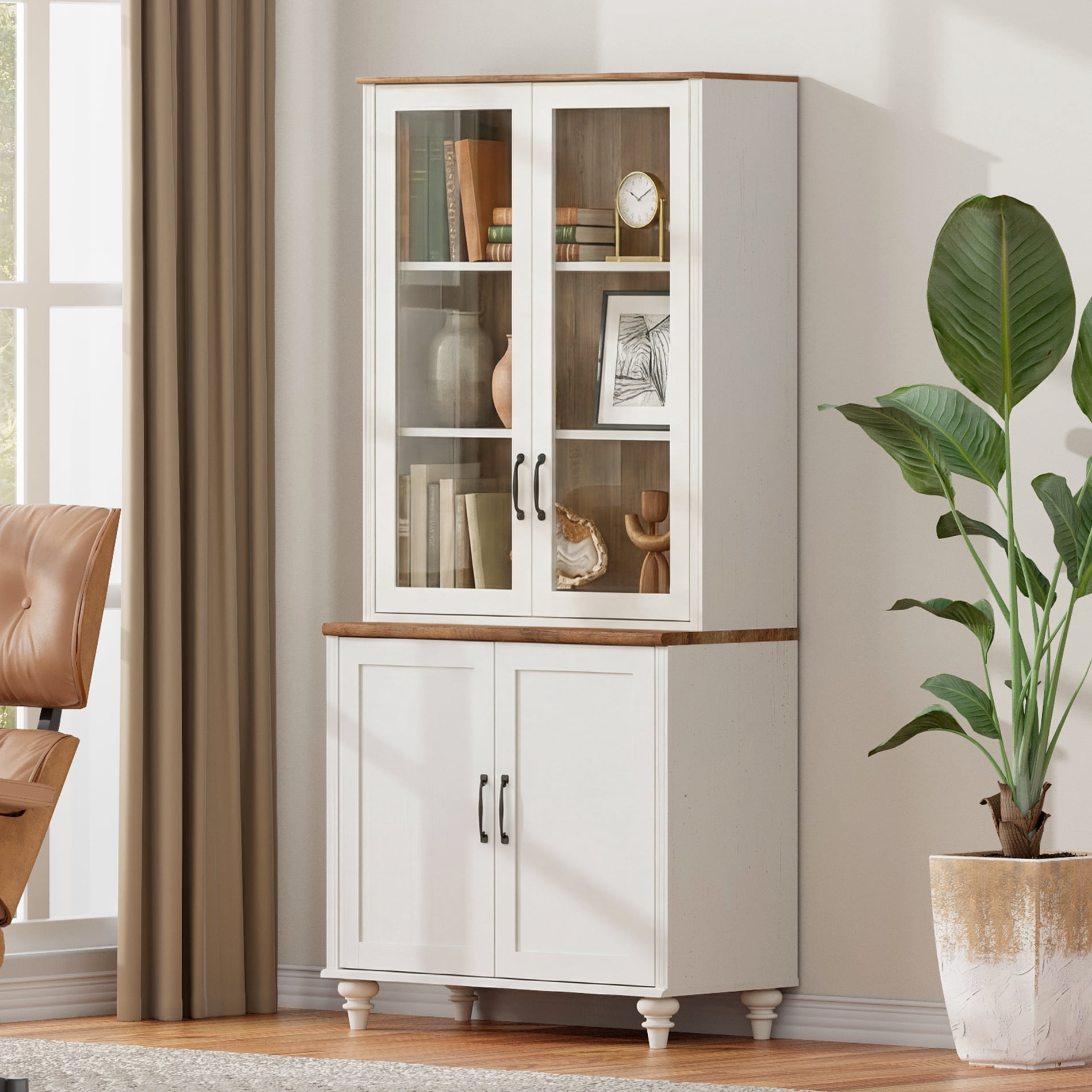 72.1"H × 33.9"W Large Farmhouse Wooden Bookcase with Glass Doors & Shelves, Storage Cabinet Bookcase for Living Room, Bedroom, Home Office & Kitchen, White