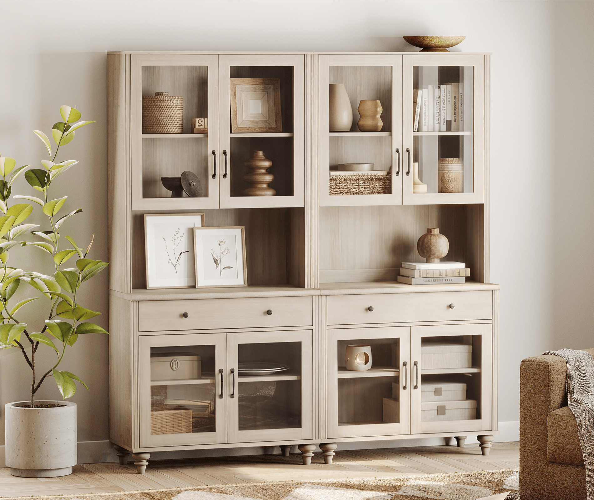 72.1"H × 67.7"W Bookcase with Glass Doors and Drawer, Large Farmhouse Bookcase with Bar Hutch, Suitable for Living Room, Bedroom, Home Office & Kitchen, Beige