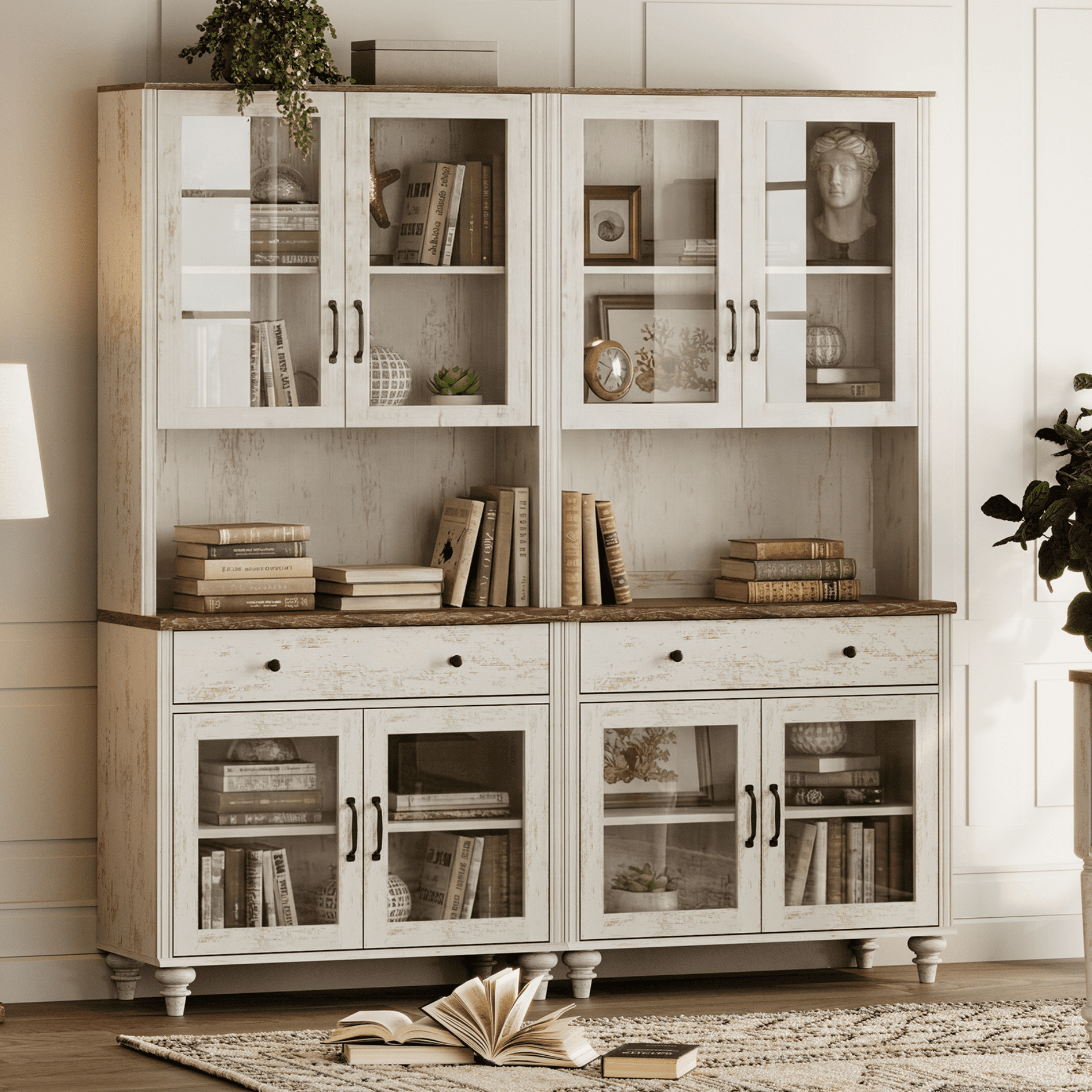 72.1"H × 67.7"W Bookcase with Glass Doors and Drawer, Large Farmhouse Bookcase with Bar Hutch, Suitable for Living Room, Bedroom, Home Office & Kitchen, Rustic white