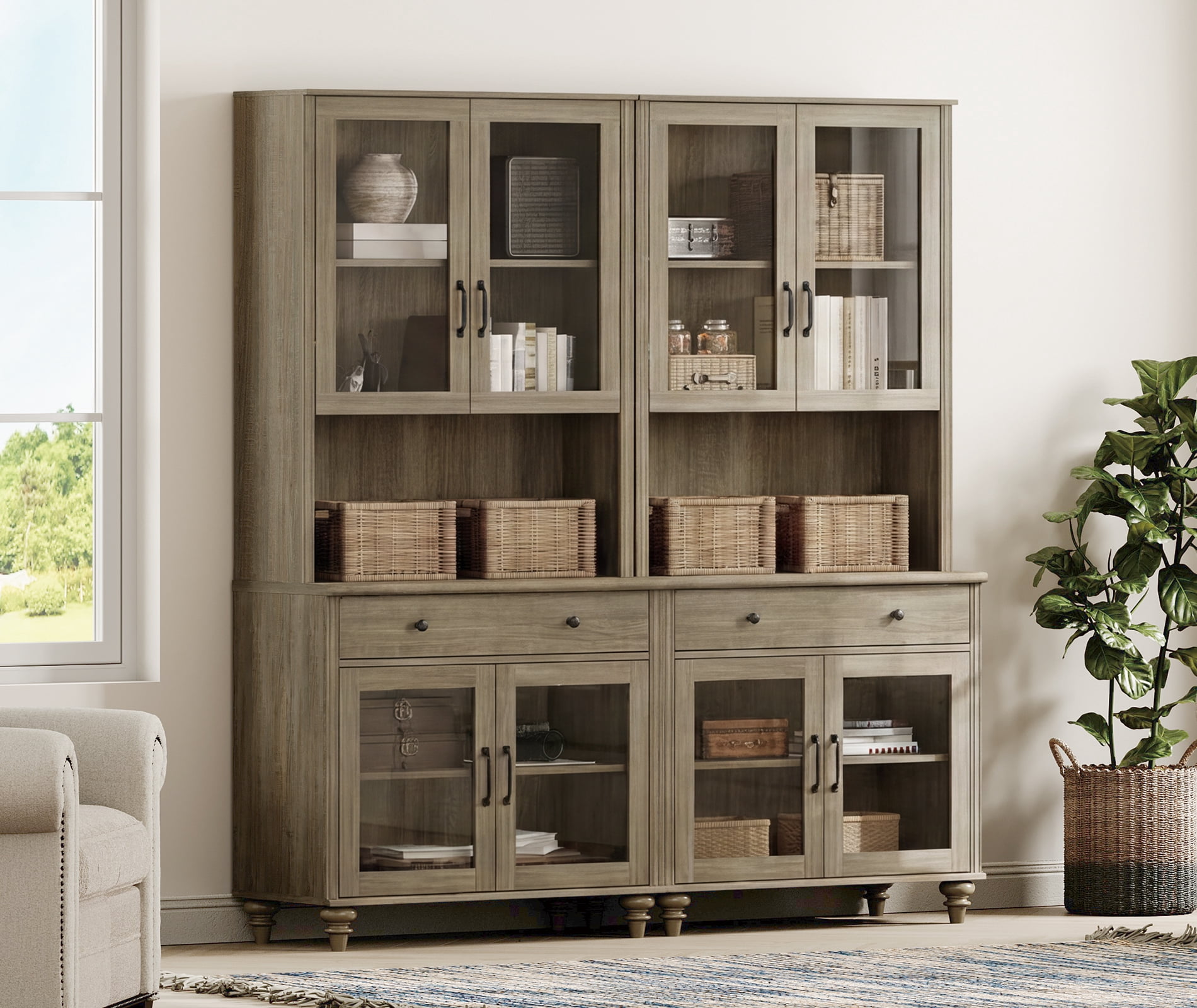72.1"H × 67.7"W Bookcase with Glass Doors and Drawer, Large Farmhouse Bookcase with Bar Hutch, Suitable for Living Room, Bedroom, Home Office & Kitchen, Wash Gray