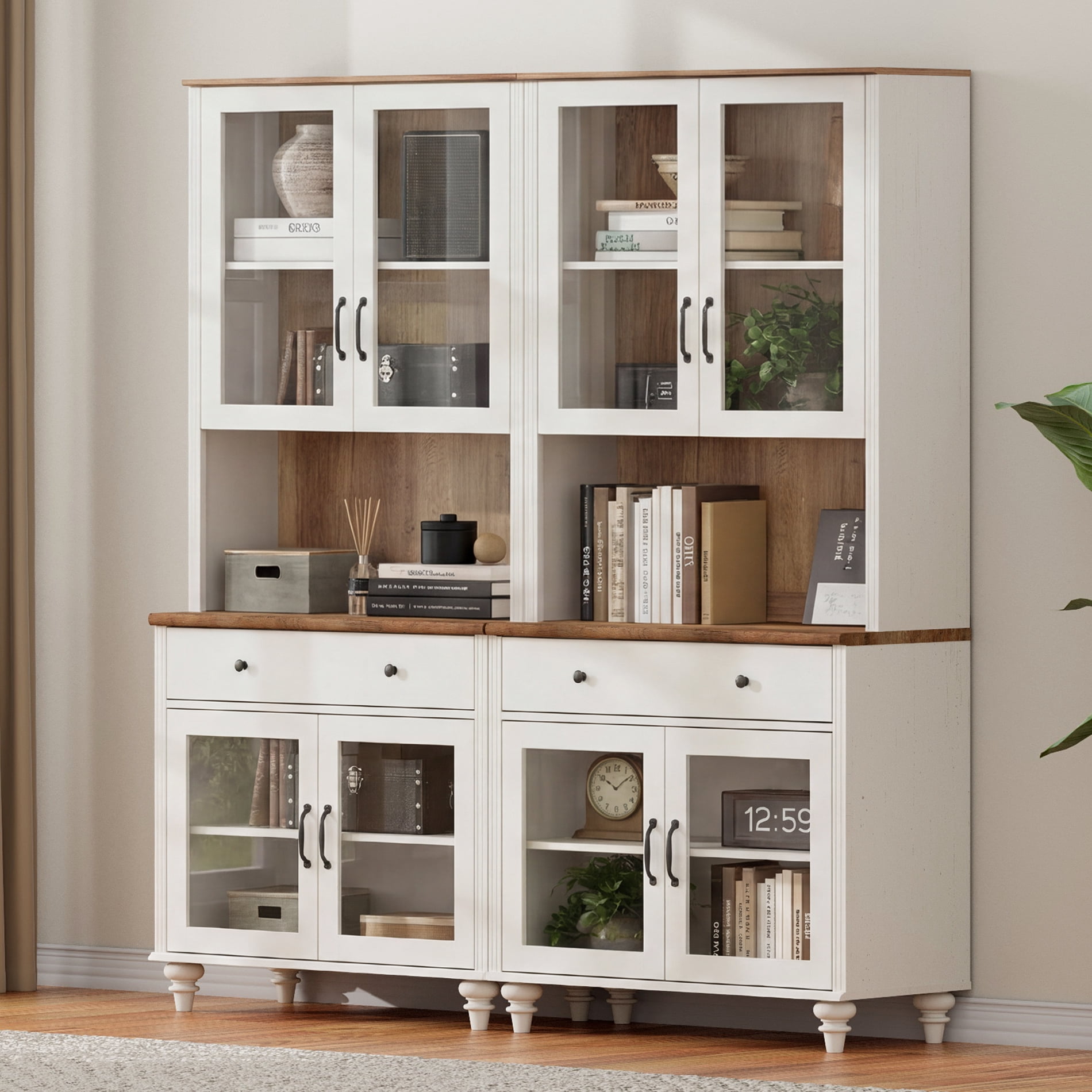 72.1"H × 67.7"W Bookcase with Glass Doors and Drawer, Large Farmhouse Bookcase with Bar Hutch, Suitable for Living Room, Bedroom, Home Office & Kitchen, White