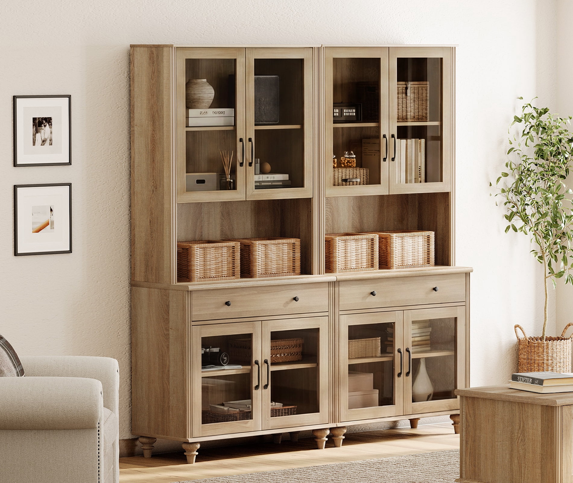 72.1"H X 67.7"W Large Farmhouse Bookcase with Glass Doors, Drawer & Bar Hutch, Wooden Bookshelf for Living Room, Bedroom, Home Office, Kitchen, Oak