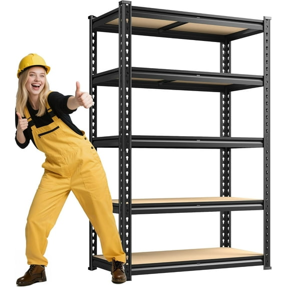 72.12" H Garage Shelving, Storage Shelves Load 2100LBS, 5-Tier Adjustable Shelving Unit with Thickened Wooden Boards for Multiple Scenarios, 72.12" H x 35.55" W x 11.85" D, Black