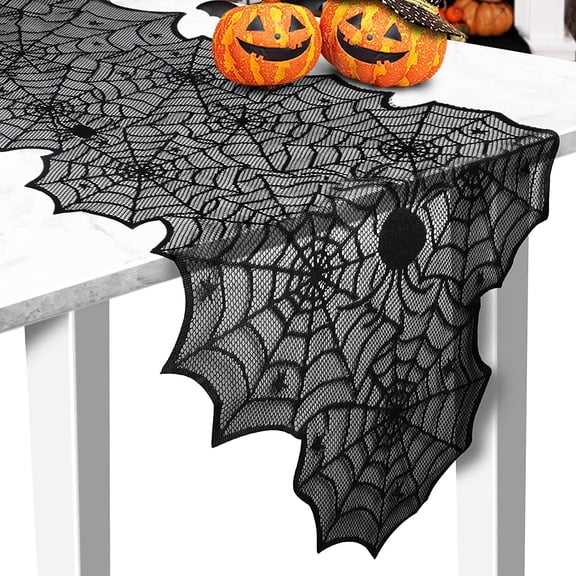 72×18 Inch Black Lace Spider Web Table Runner, Gothic Sheer Lace Halloween Table Decor with Spider Print, Halloween Party Mantel Dining Table Runner for Fall Holiday Home Decor